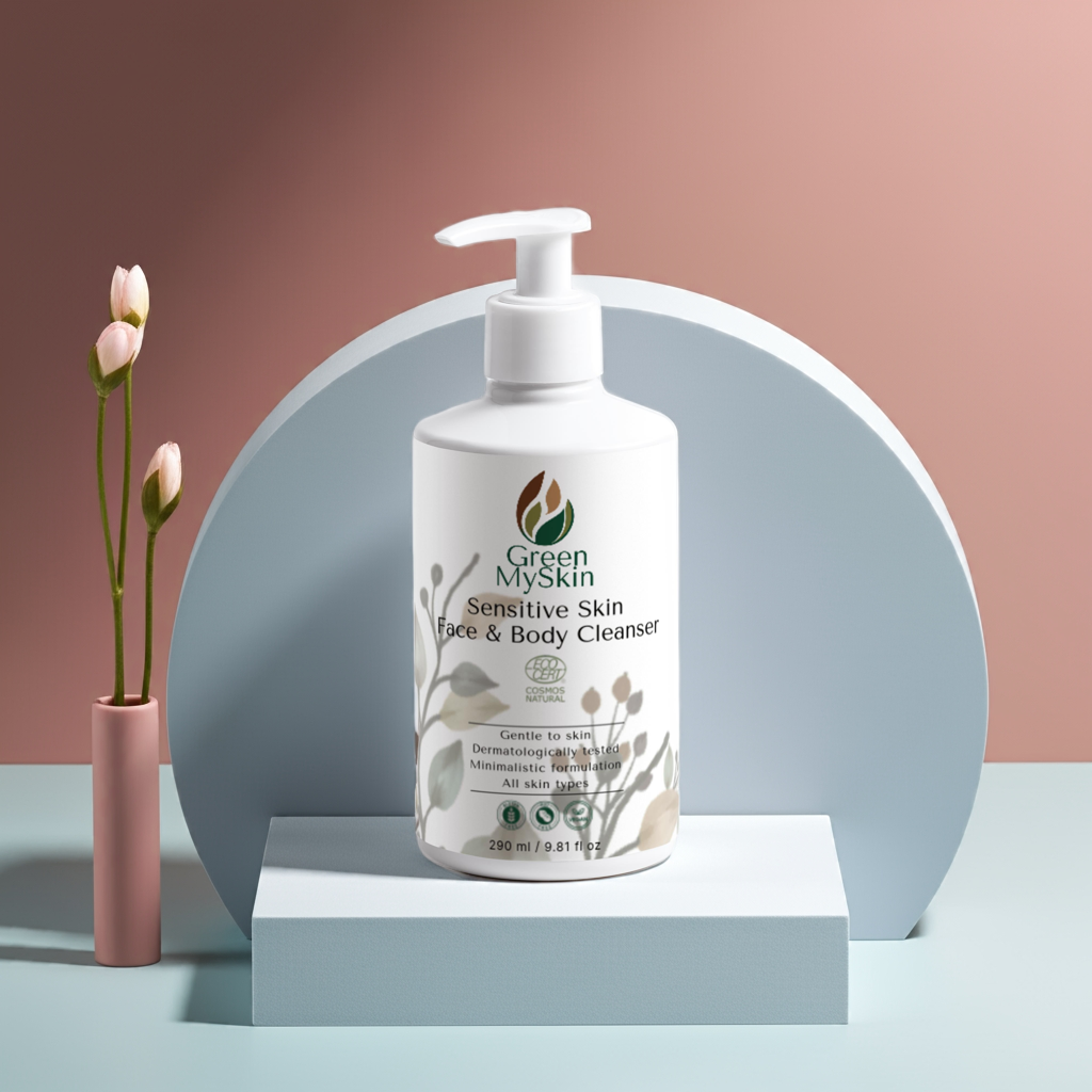 Green My Skin Sensitive Skin Face & Body Cleanser bottle on a stylish display, designed for gentle cleansing of delicate skin.