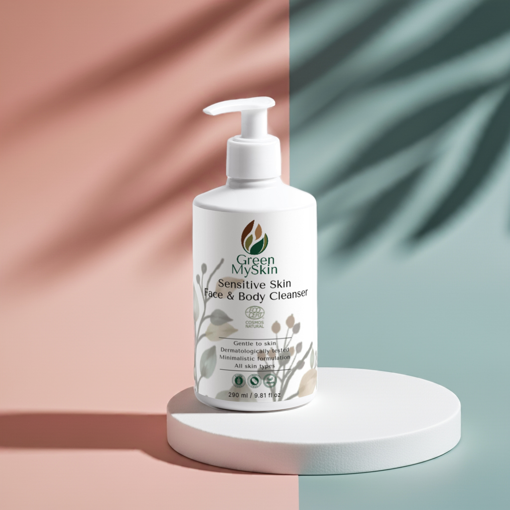 Green My Skin Sensitive Skin Face & Body Cleanser in a sleek bottle, designed for gentle cleansing without irritation.