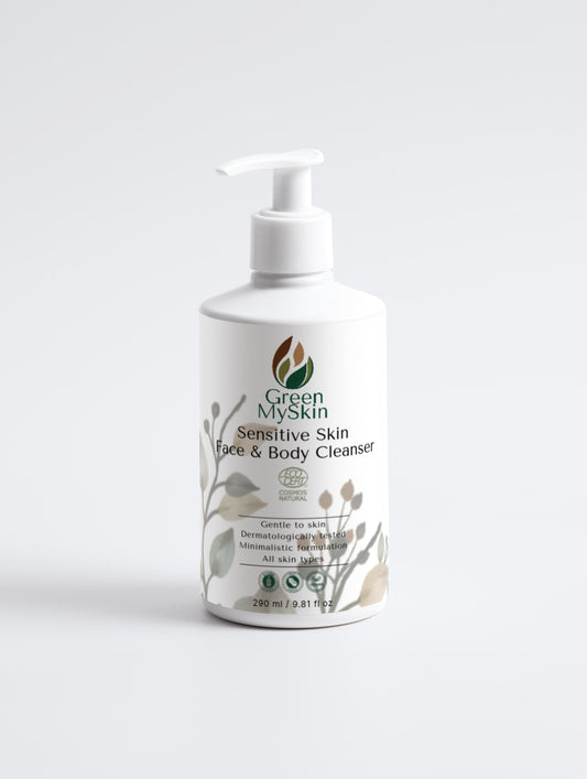 Sensitive Skin Face & Body Cleanser from Green My Skin in a pump bottle for gentle daily cleansing.