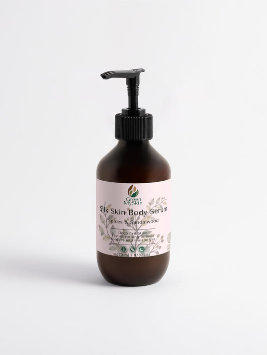 Silk Skin Body Serum with Spices and Sandalwood in a brown pump bottle for deep hydration and nourishment.