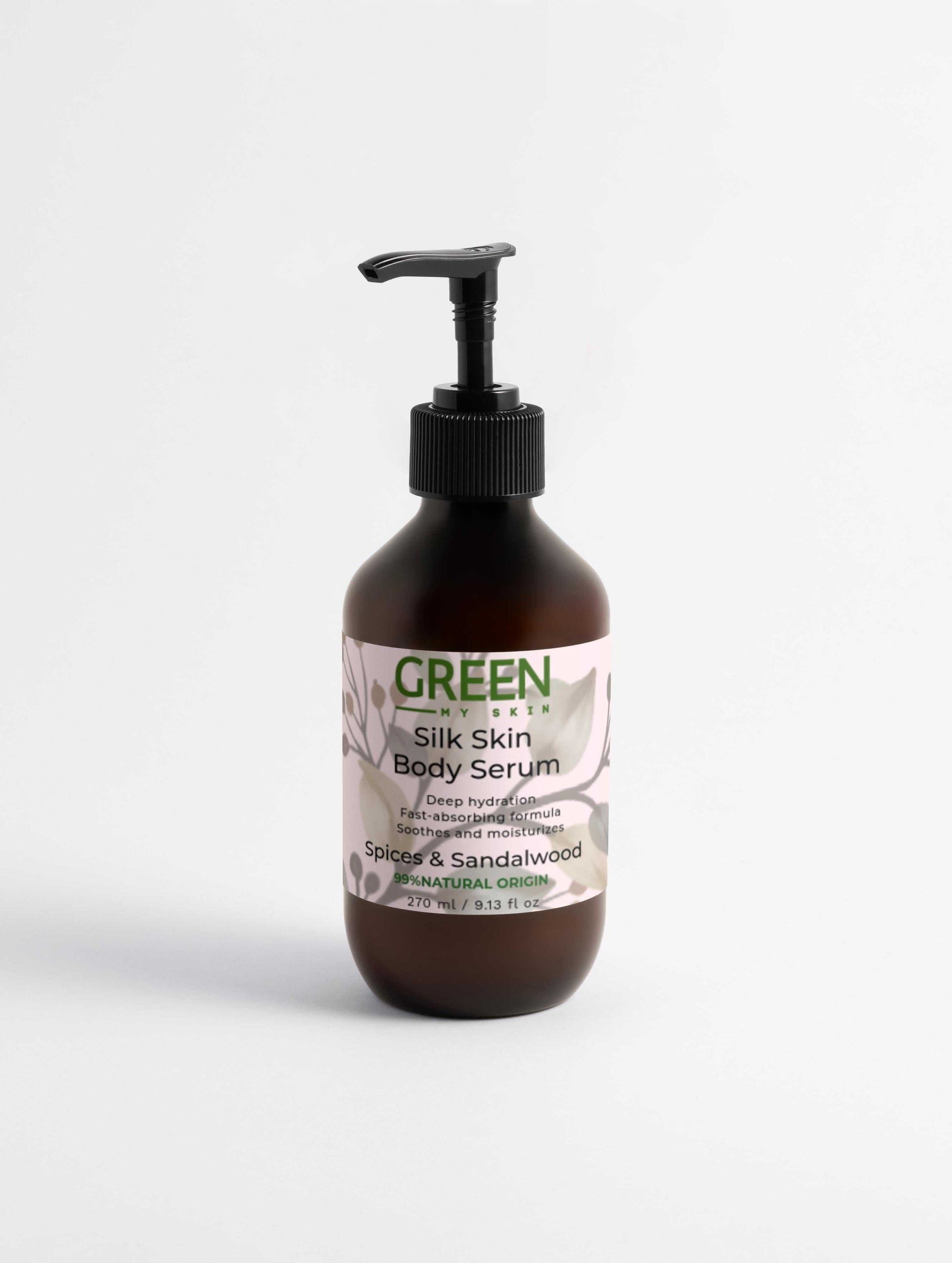 Silk-skin-body-serum bottle with Spices & Sandalwood, deep hydration formula.