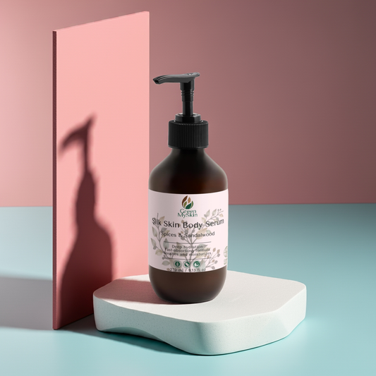 Silk Skin Body Serum, Spices & Sandalwood on a modern display, showcasing its luxurious hydration benefits.