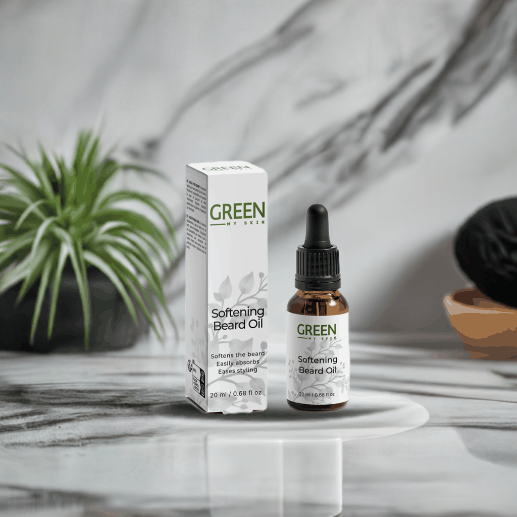 Vegan softening beard oil with organic, cruelty-free ingredients to nourish, hydrate, and tame facial hair, available at greenmyskin.com.