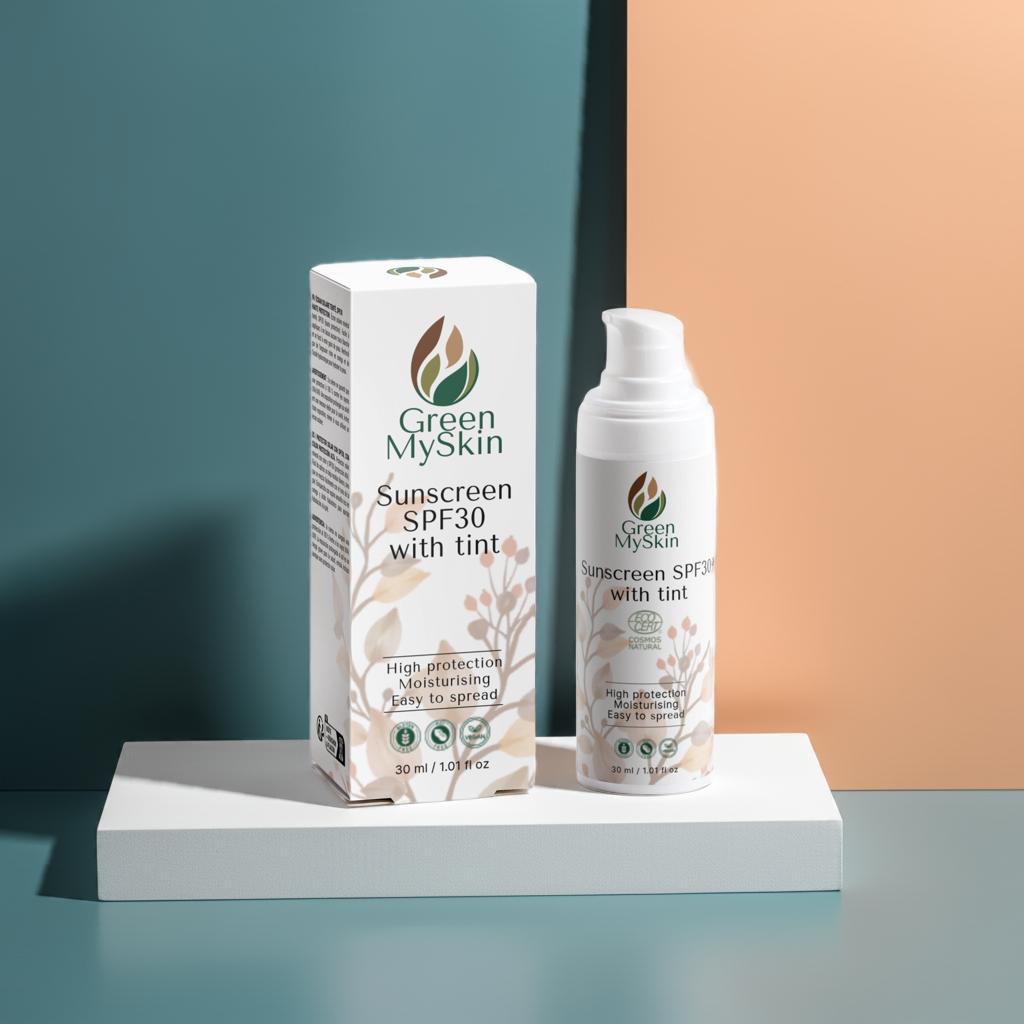 Tinted Sunscreen SPF30 for high protection and moisturization, enriched with Sea Buckthorn and Hyaluronic Acid, displayed with packaging.