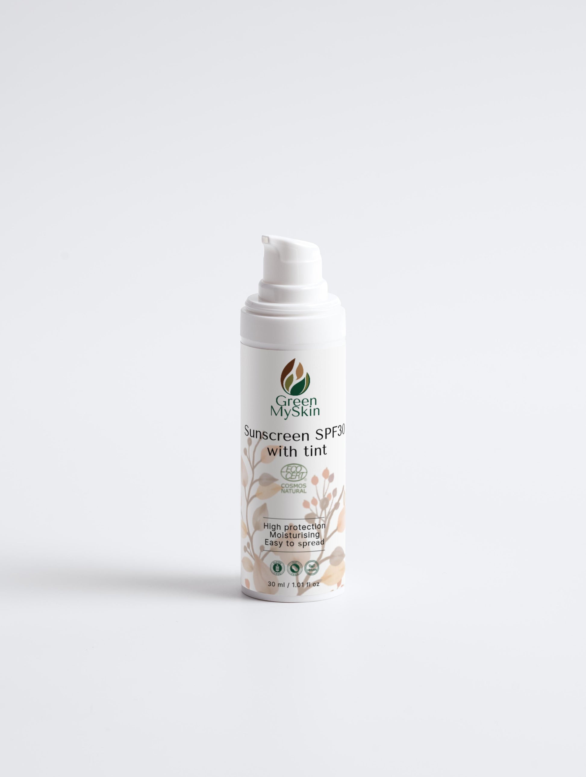 Tinted Sunscreen SPF30 for sun protection, high protection, moisturizing formula, easy application, suitable for sensitive skin.