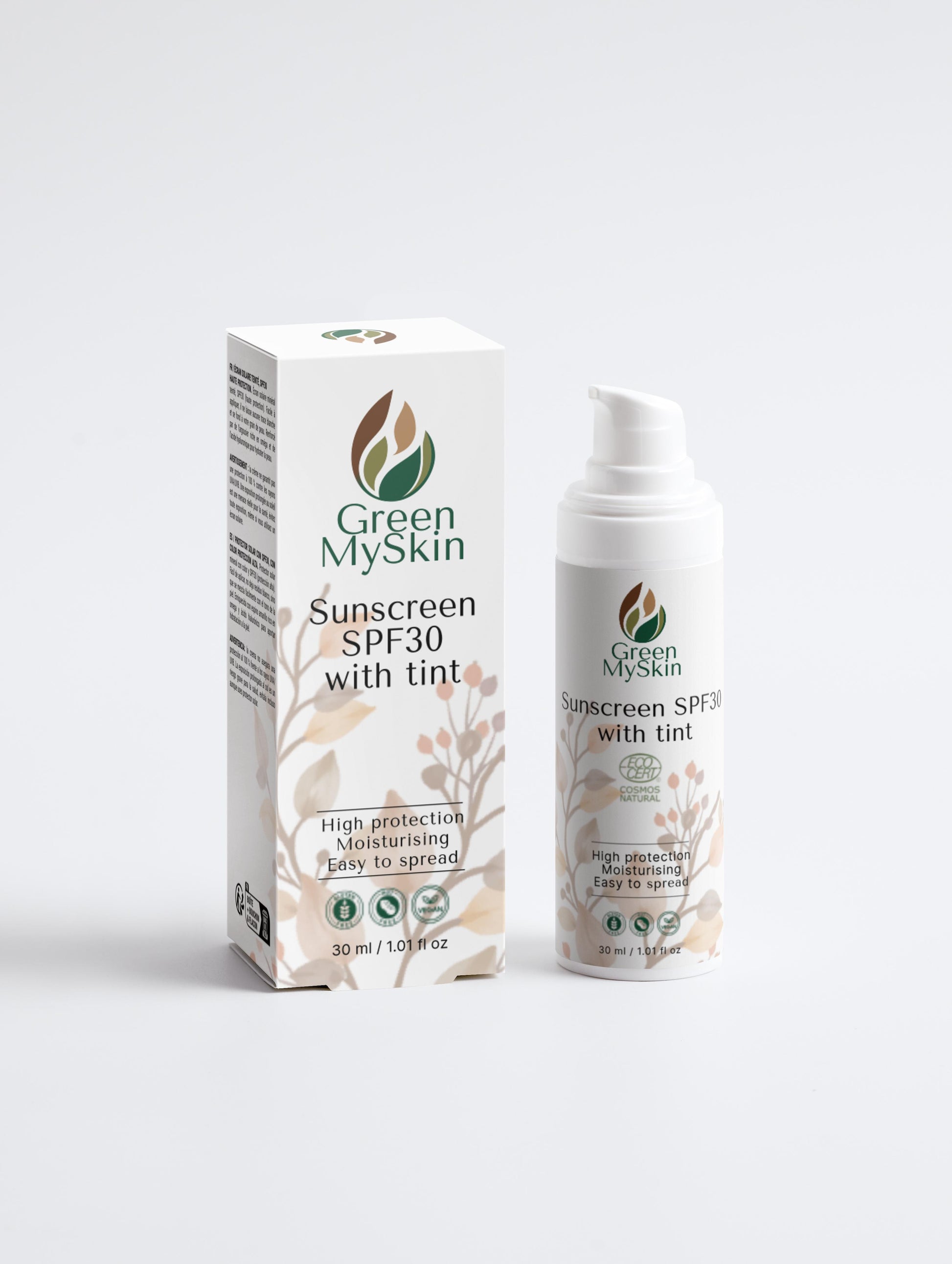 Vegan sunscreen SPF30 with a natural tint, made with organic, cruelty-free ingredients to protect, hydrate, and even out skin tone, available at greenmyskin.com