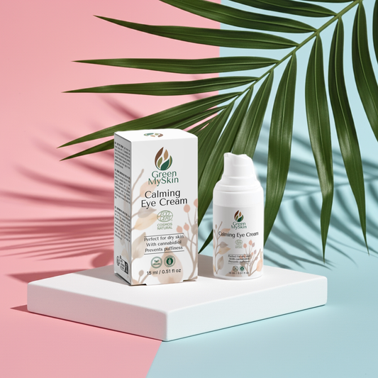 Vegan calming eye cream with organic, cruelty-free ingredients to soothe puffiness, dark circles, and fine lines, available at greenmyskin.com.