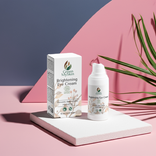 Vegan brightening eye cream with organic, cruelty-free ingredients to reduce dark circles, puffiness, and brighten the under-eye area, available at greenmyskin.com