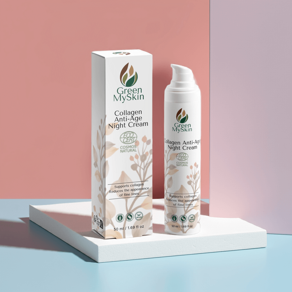 Vegan collagen anti-age night cream with organic, cruelty-free ingredients to reduce wrinkles, firm, and rejuvenate skin overnight, available at greenmyskin.com.