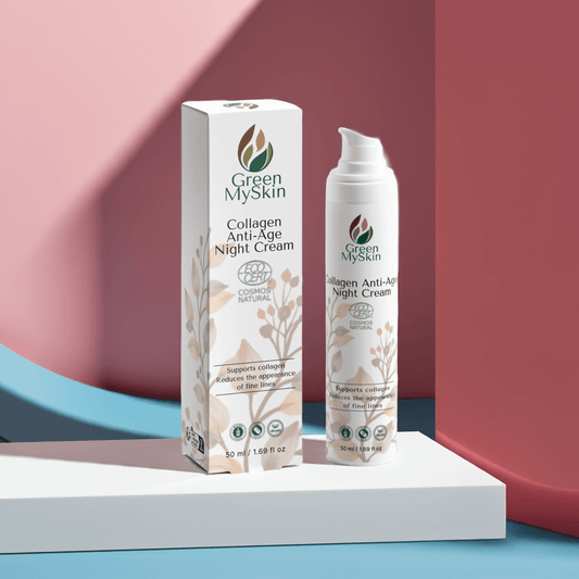 Vegan collagen anti-age night cream with organic, cruelty-free ingredients to reduce wrinkles, firm, and rejuvenate skin overnight, available at greenmyskin.com.