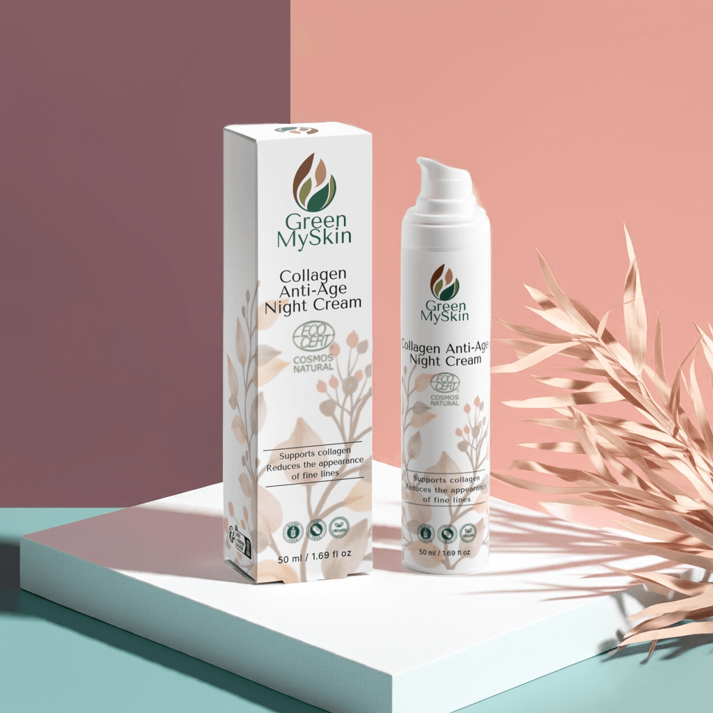 Vegan collagen anti-age night cream with organic, cruelty-free ingredients to reduce wrinkles, firm, and rejuvenate skin overnight, available at greenmyskin.com.