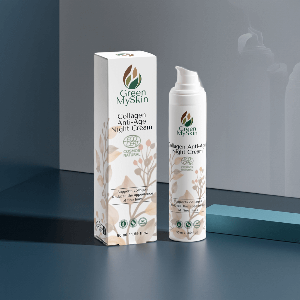 Vegan collagen anti-age night cream with organic, cruelty-free ingredients to reduce wrinkles, firm, and rejuvenate skin overnight, available at greenmyskin.com.