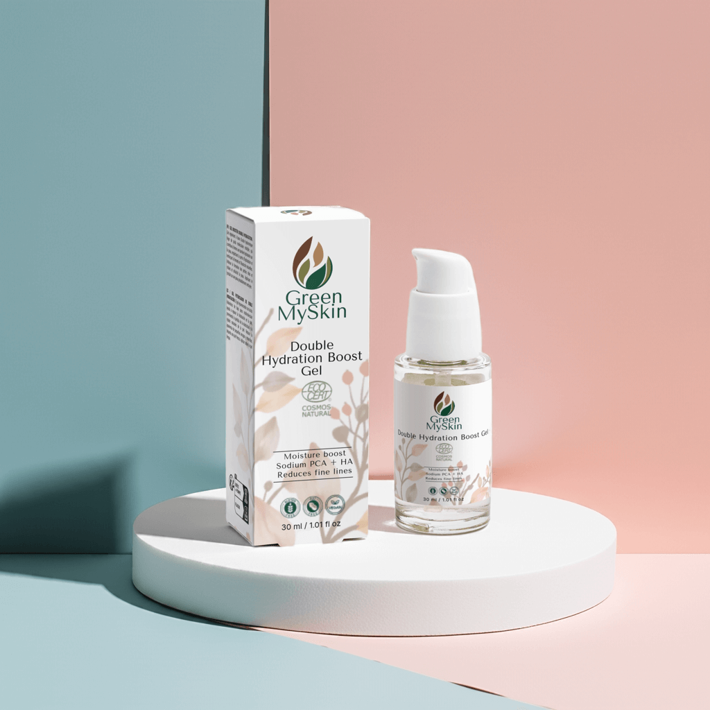 Vegan double hydration boost gel with organic, cruelty-free ingredients to deeply hydrate, refresh, and replenish skin, available at greenmyskin.com.