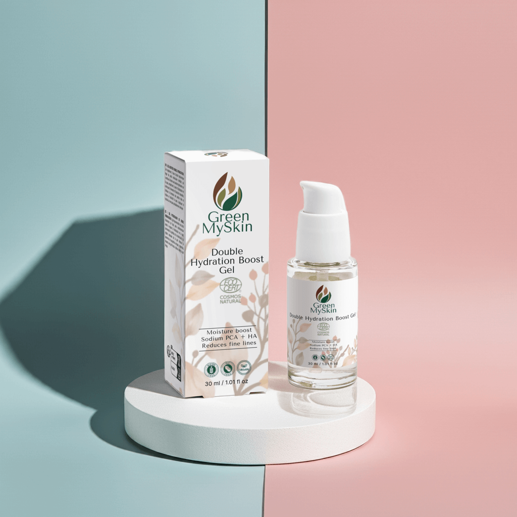 Vegan double hydration boost gel with organic, cruelty-free ingredients to deeply hydrate, refresh, and replenish skin, available at greenmyskin.com.
