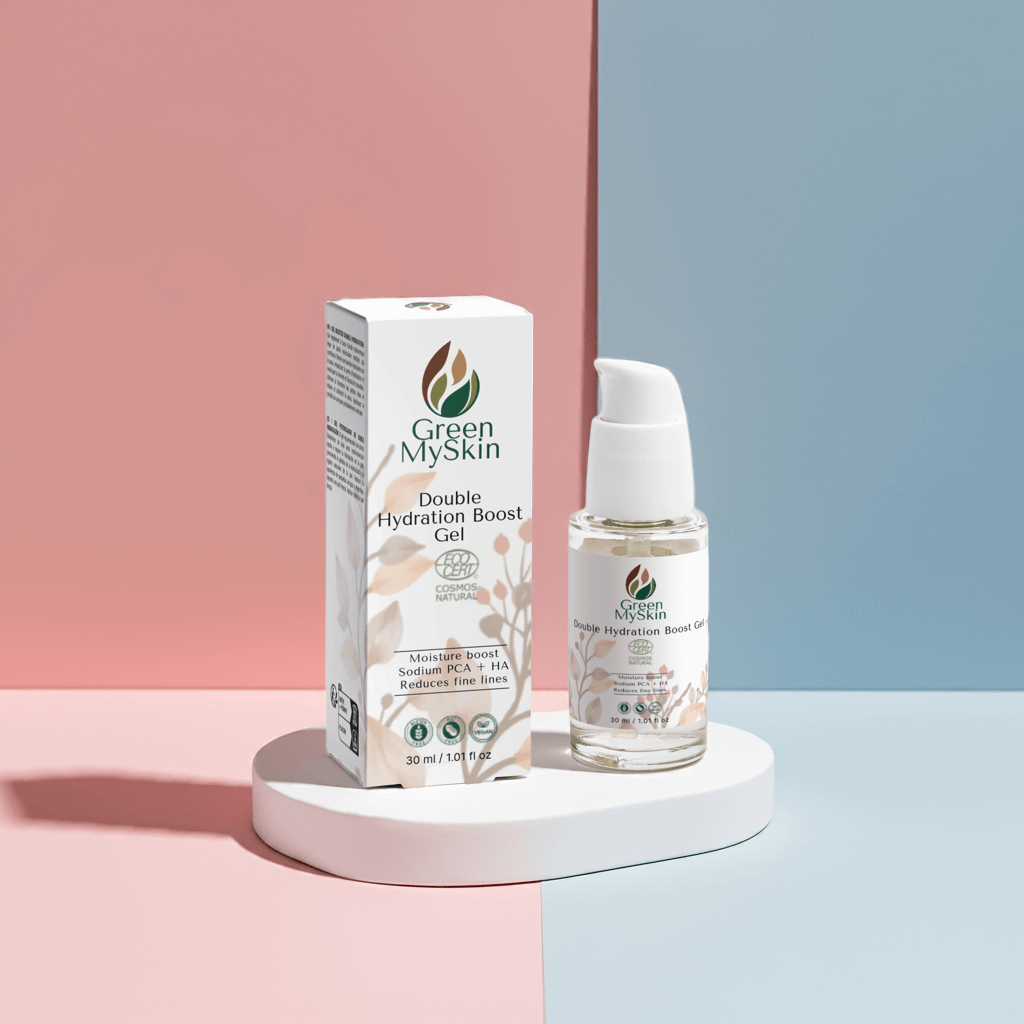 Vegan double hydration boost gel with organic, cruelty-free ingredients to deeply hydrate, refresh, and replenish skin, available at greenmyskin.com.