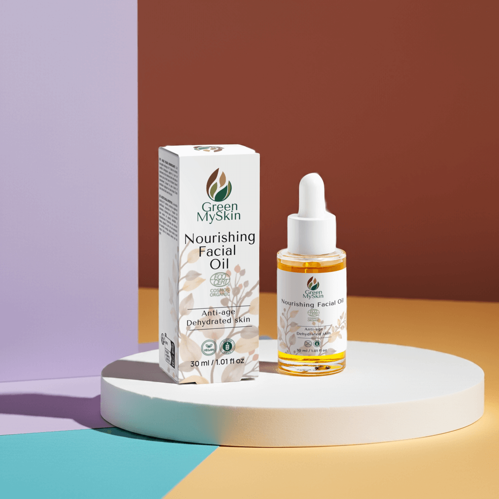 Vegan nourishing facial oil with organic, cruelty-free ingredients to hydrate, restore, and balance skin, available at greenmyskin.com.