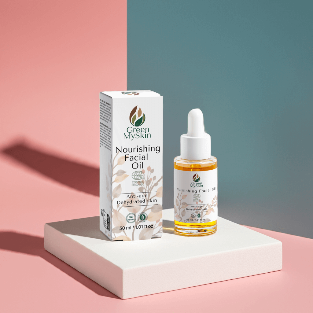 Vegan nourishing facial oil with organic, cruelty-free ingredients to hydrate, restore, and balance skin, available at greenmyskin.com.