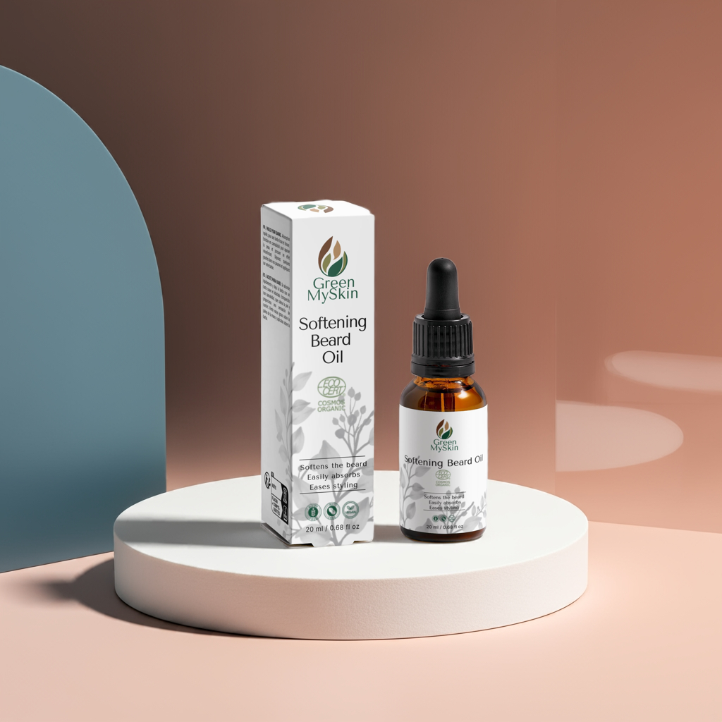 Vegan softening beard oil with organic, cruelty-free ingredients to nourish, hydrate, and tame facial hair, available at greenmyskin.com.