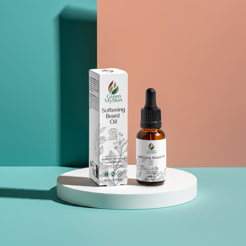 Vegan softening beard oil with organic, cruelty-free ingredients to nourish, hydrate, and tame facial hair, available at greenmyskin.com.