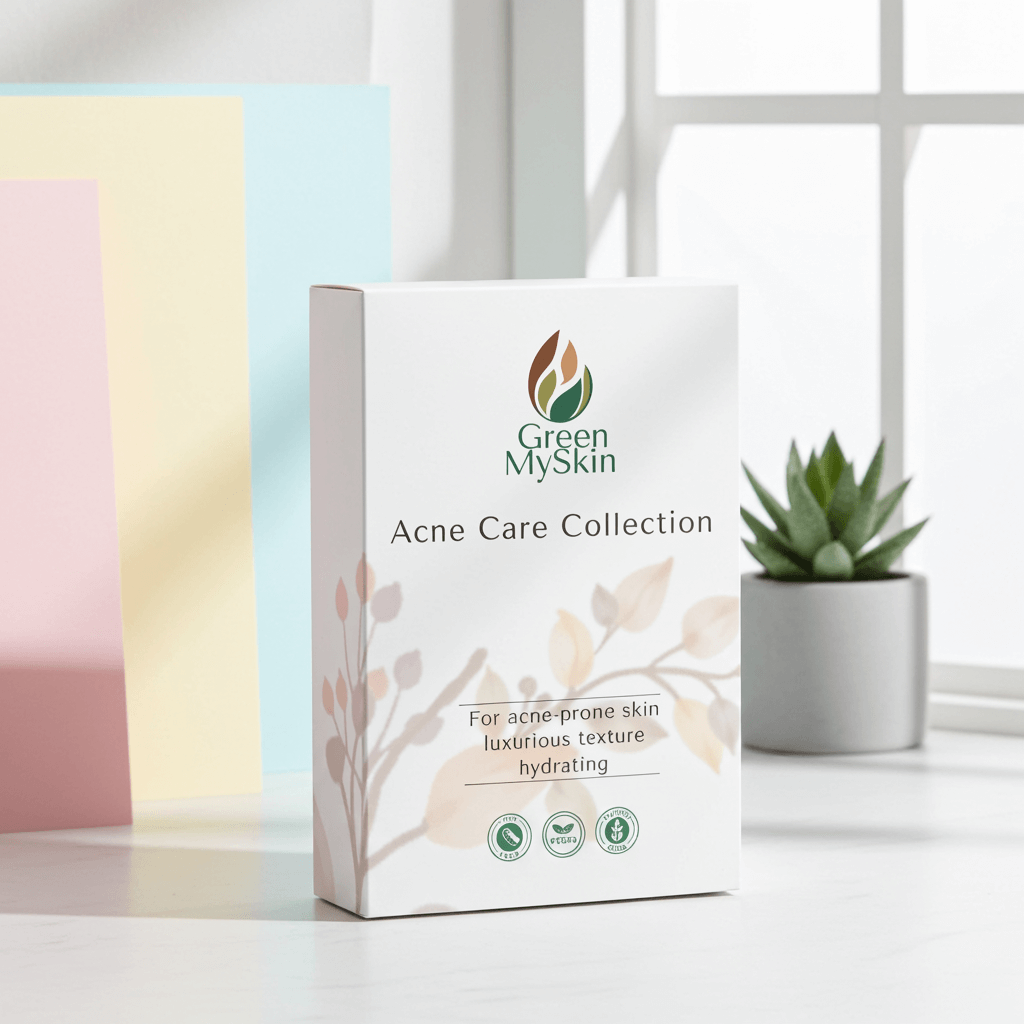 Green My Skin Acne Care Collection box on a white surface with pastel-colored boxes and a plant in the background.