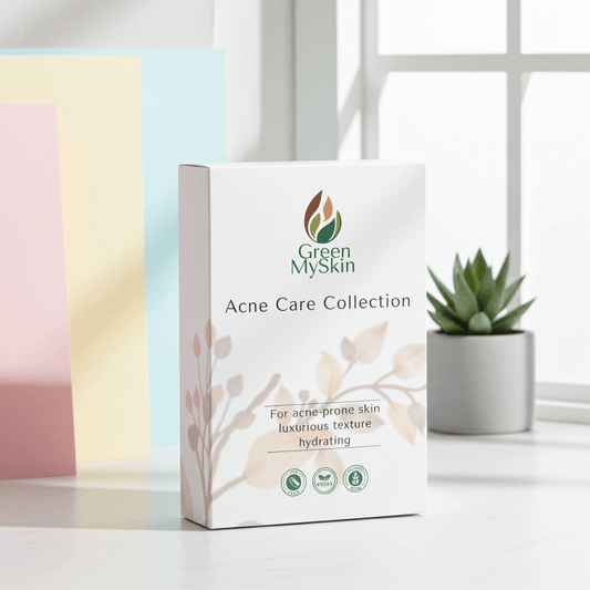 Green My Skin Acne Care Collection box on a white surface with pastel-colored boxes and a plant in the background.