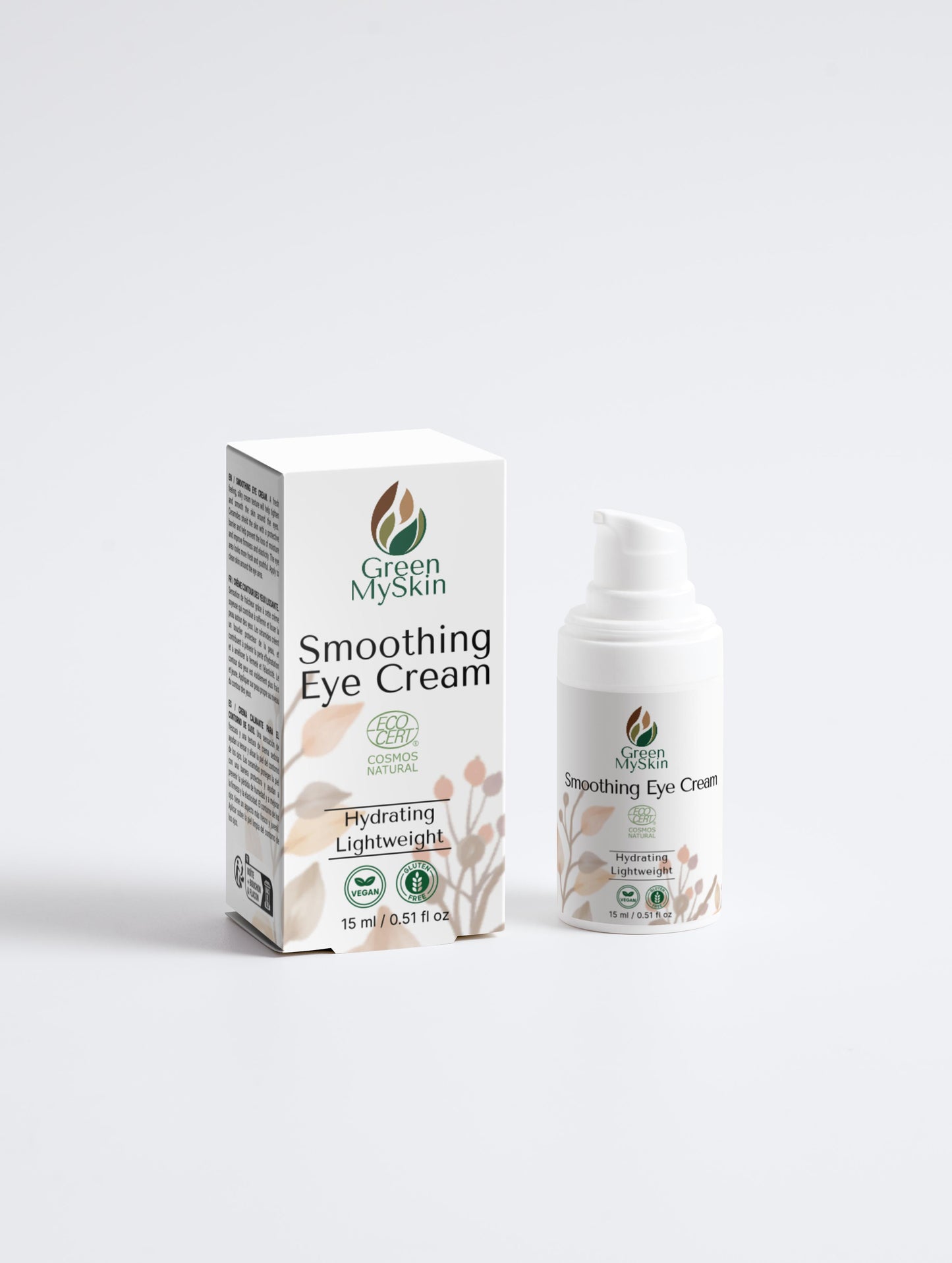 Vegan hydrating eye cream in a sleek bottle with packaging, designed for youthful and refreshed eyes.