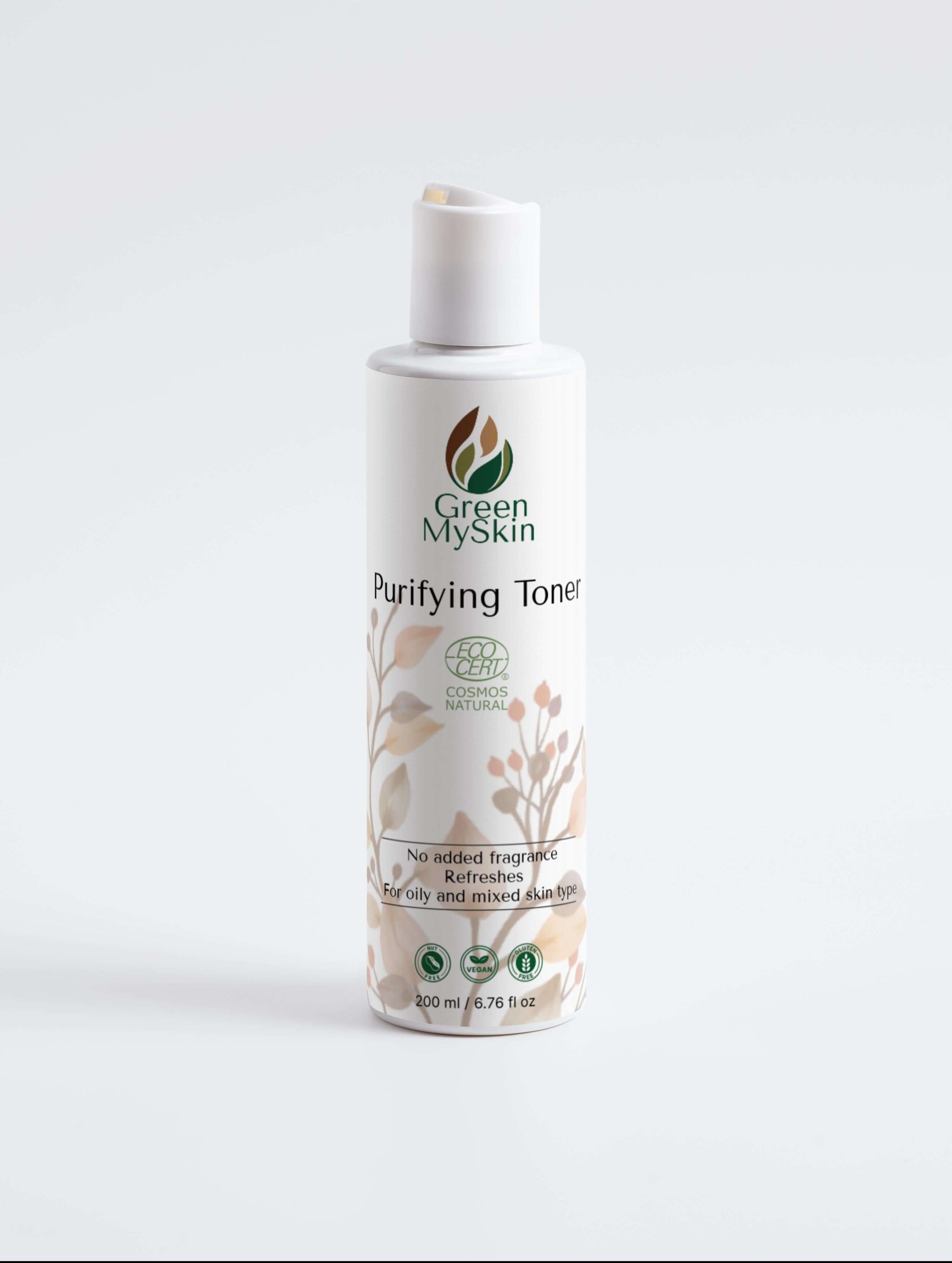 Vegan purifying toner with organic, cruelty-free ingredients to cleanse, balance, and refine pores, available at greenmyskin.com.
