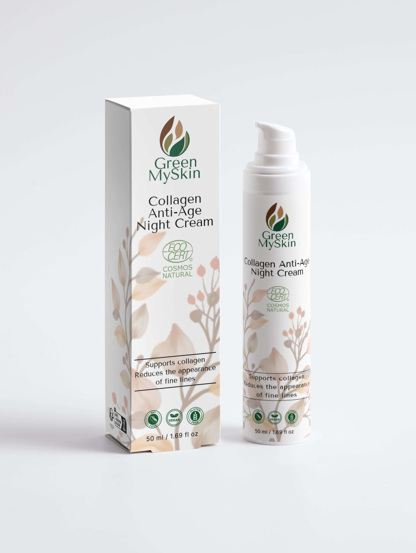 Vegan collagen anti-age night cream with organic, cruelty-free ingredients to reduce wrinkles, firm, and rejuvenate skin overnight, available at greenmyskin.com.