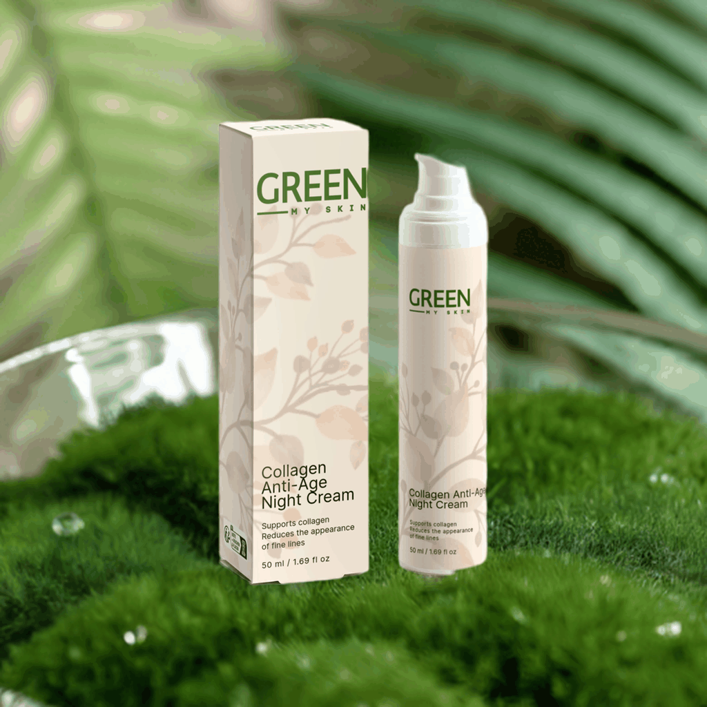 Collagen Anti-Age Night Cream packaging on green background.