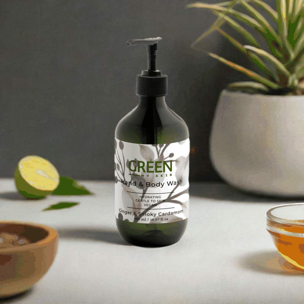 Ginger & Smoky Cardamom Hand-Body Wash bottle with natural elements on a table.