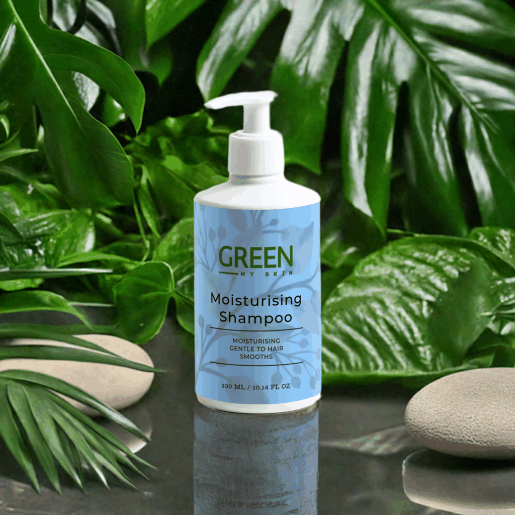 Gentle moisturising shampoo in a bottle surrounded by green leaves and stones.