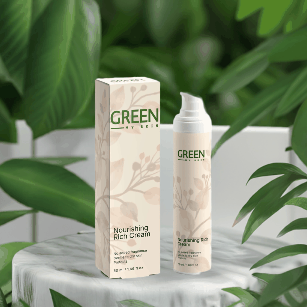Nourishing Rich Cream bottle and packaging with green leaf background, designed for dry skin hydration and protection.
