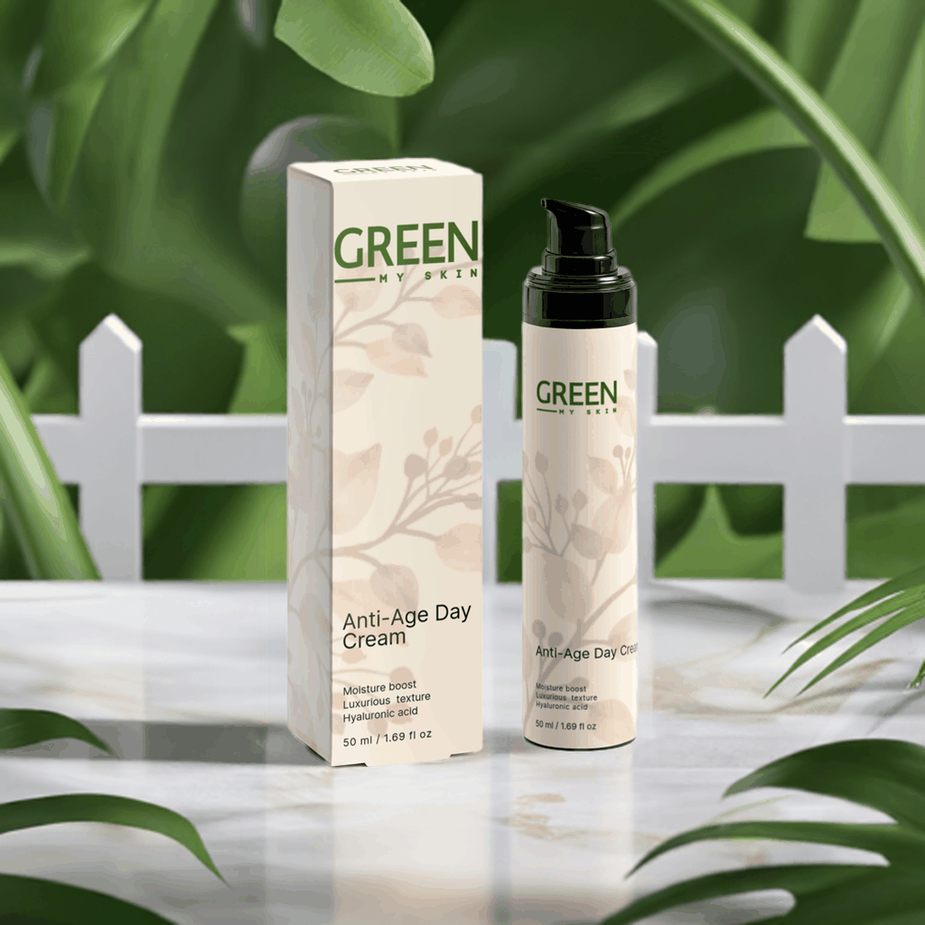 Anti-Age Day Cream with Hyaluronic Acid, Moisture Boost and Luxurious Texture, 50 ml Bottle on Marble Surface.