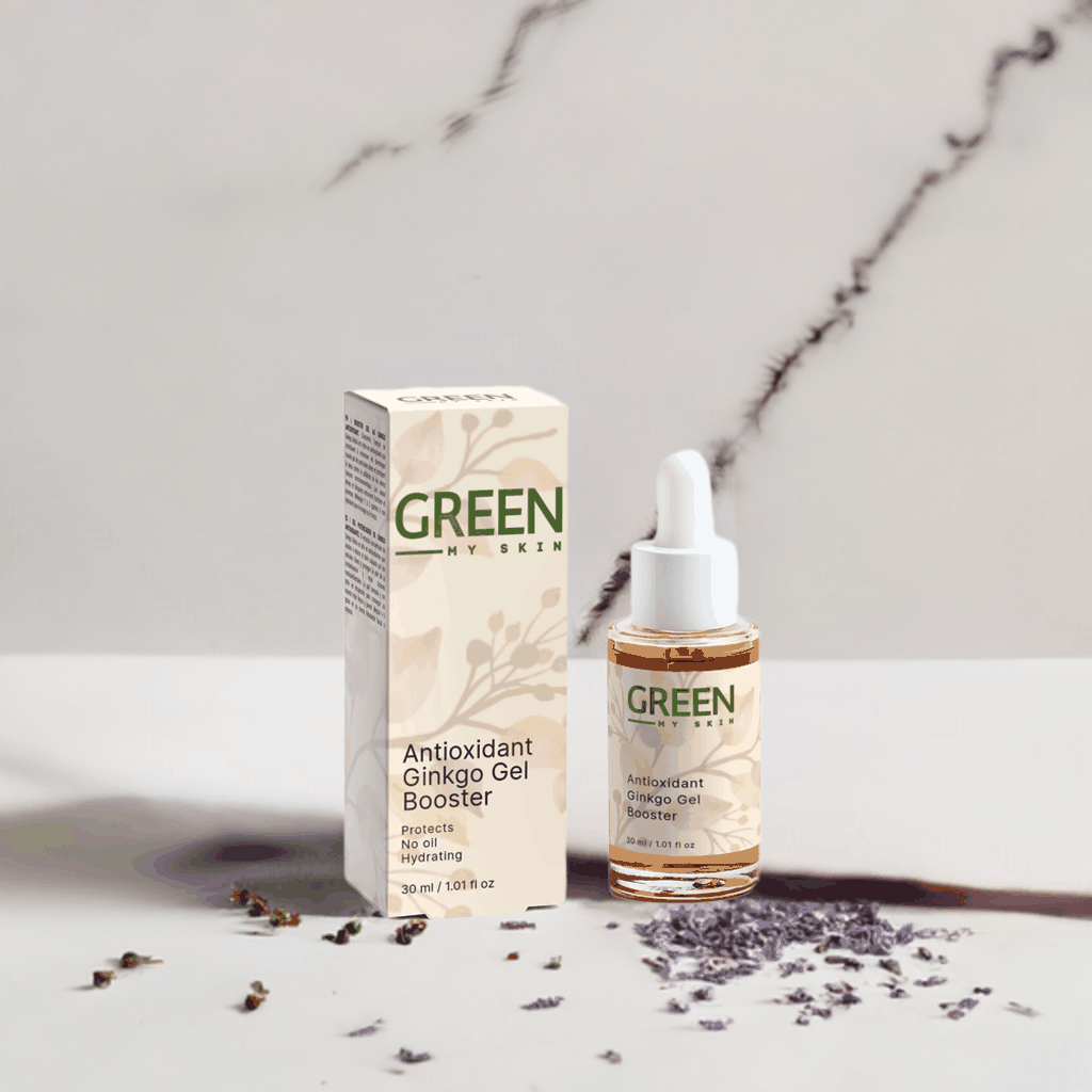 Ginkgo Gel Booster for Antioxidant Support, hydrating and oil-free formula with ginkgo biloba extract, for pollution protection and skin rejuvenation.