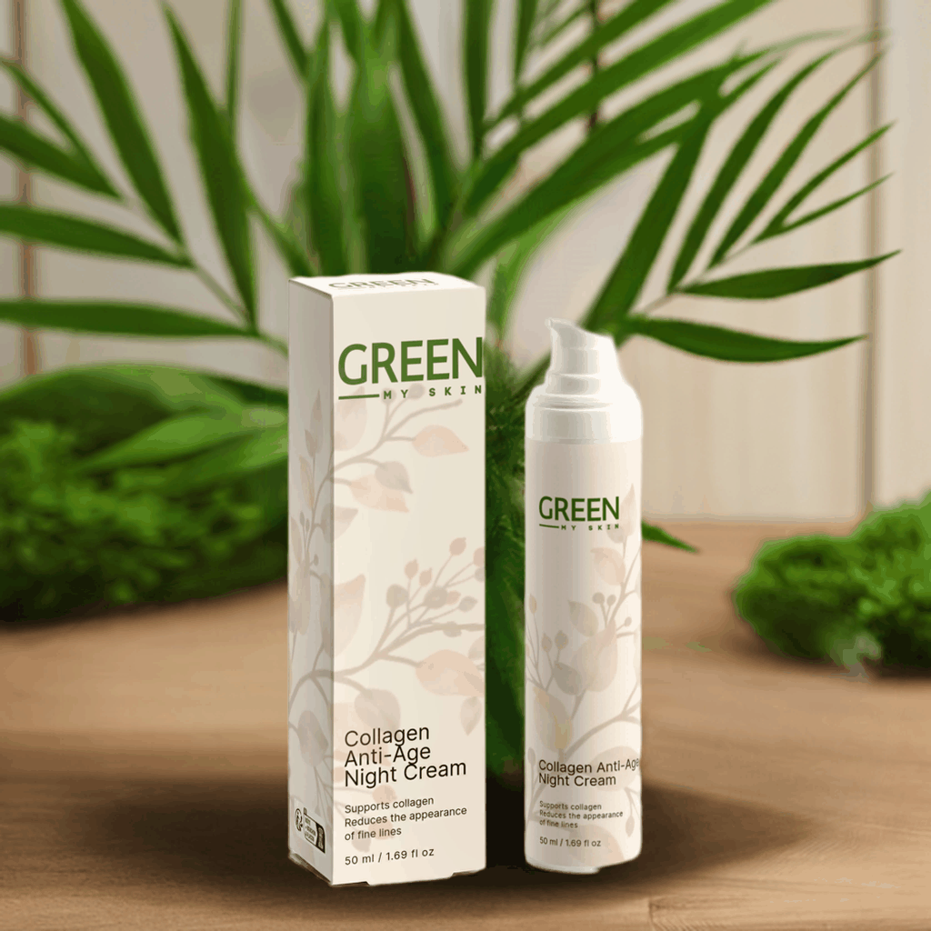 Collagen Anti-Age Night Cream packaging on a wooden surface with green plant backdrop.