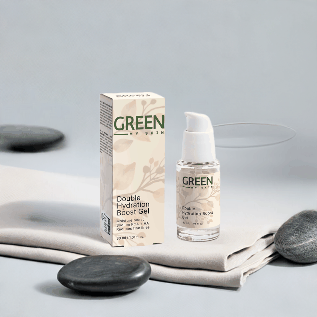 Double Hydration Boost Gel bottle and box with pebbles and white fabric backdrop.
