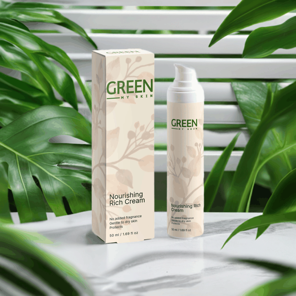 Nourishing Rich Cream with box beside plants, ideal for dry skin hydration.