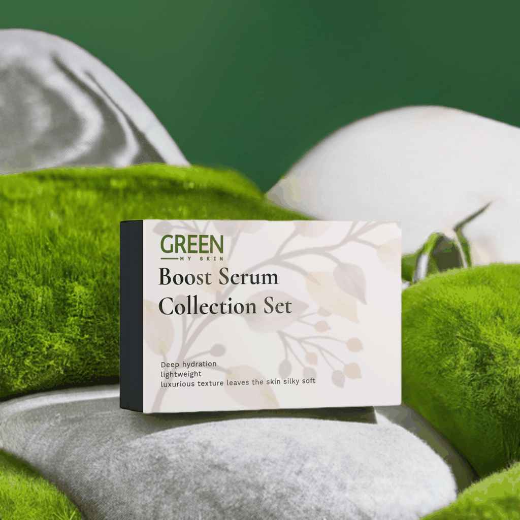 Boost-Serum Collection Box for Radiant and Hydrated Skin on plush background.