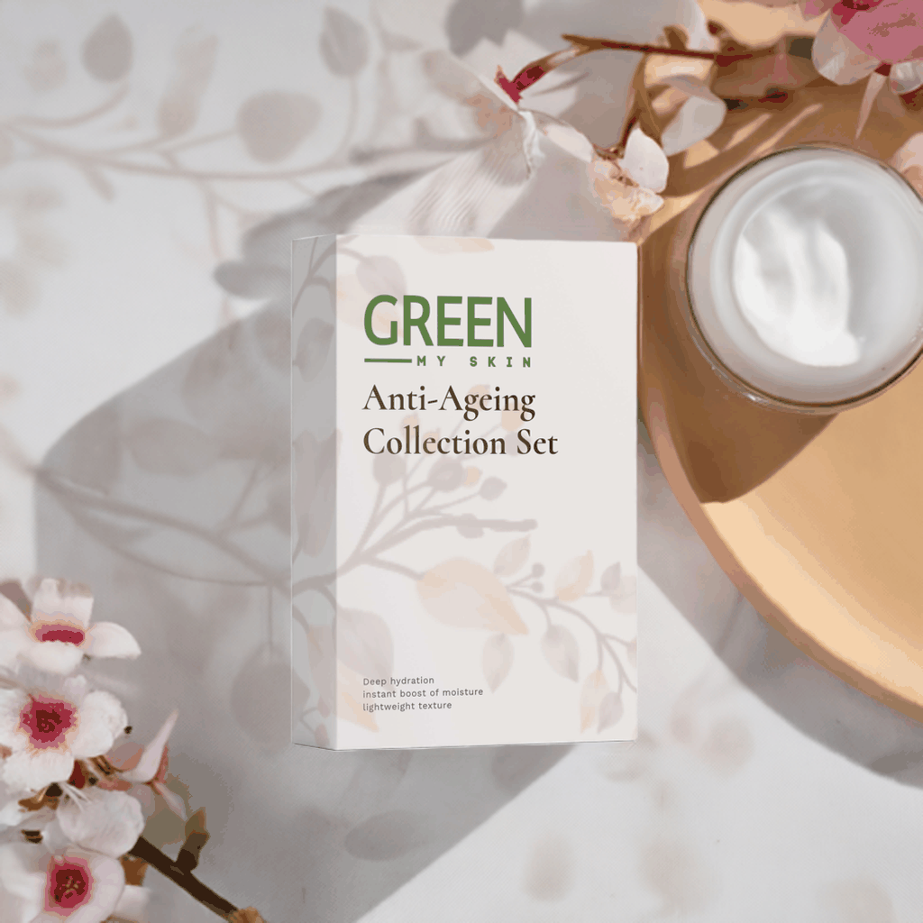 Anti-ageing skincare collection box with lightweight moisturizer and floral elements in a sleek design.