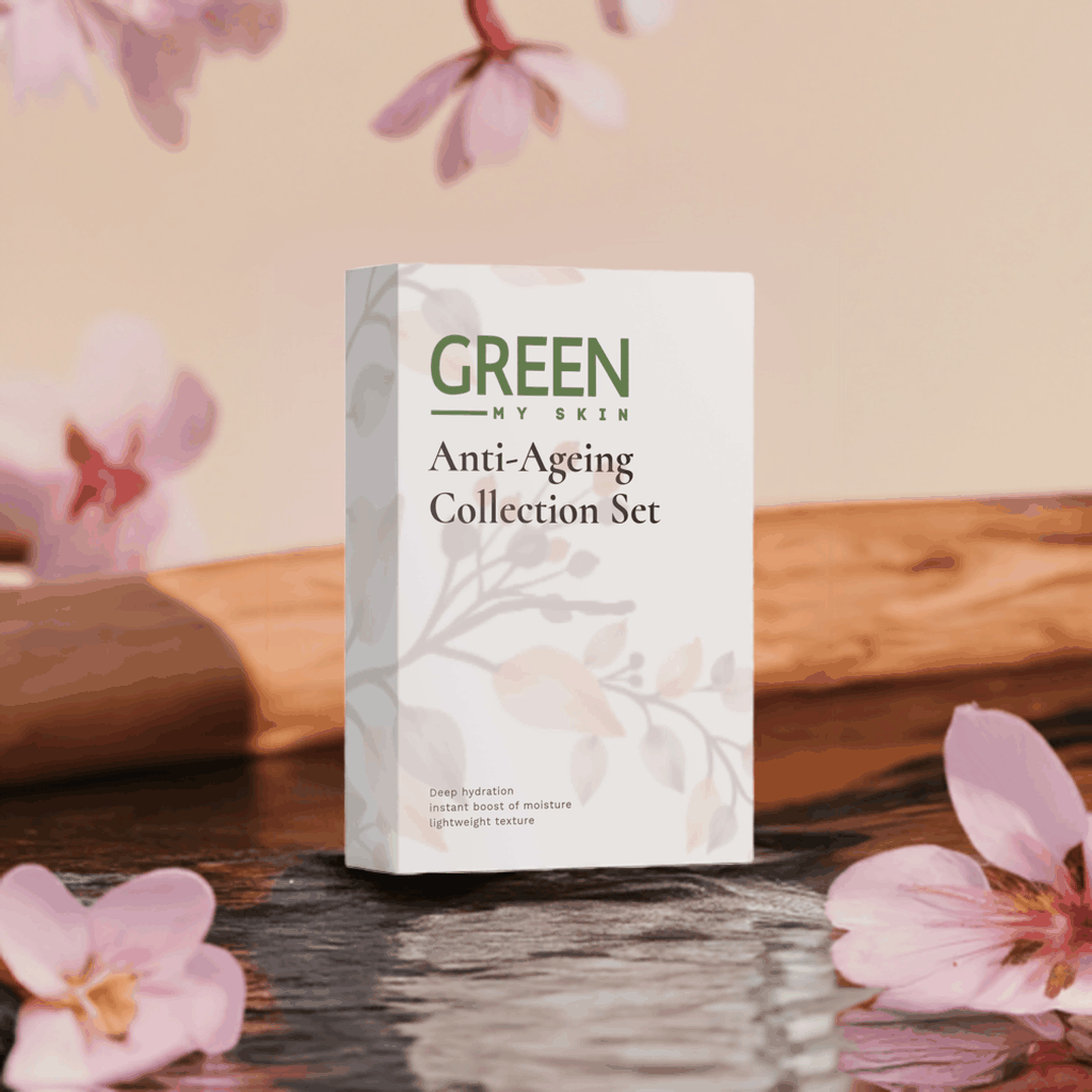 Anti-ageing collection box with skincare set on floral background.