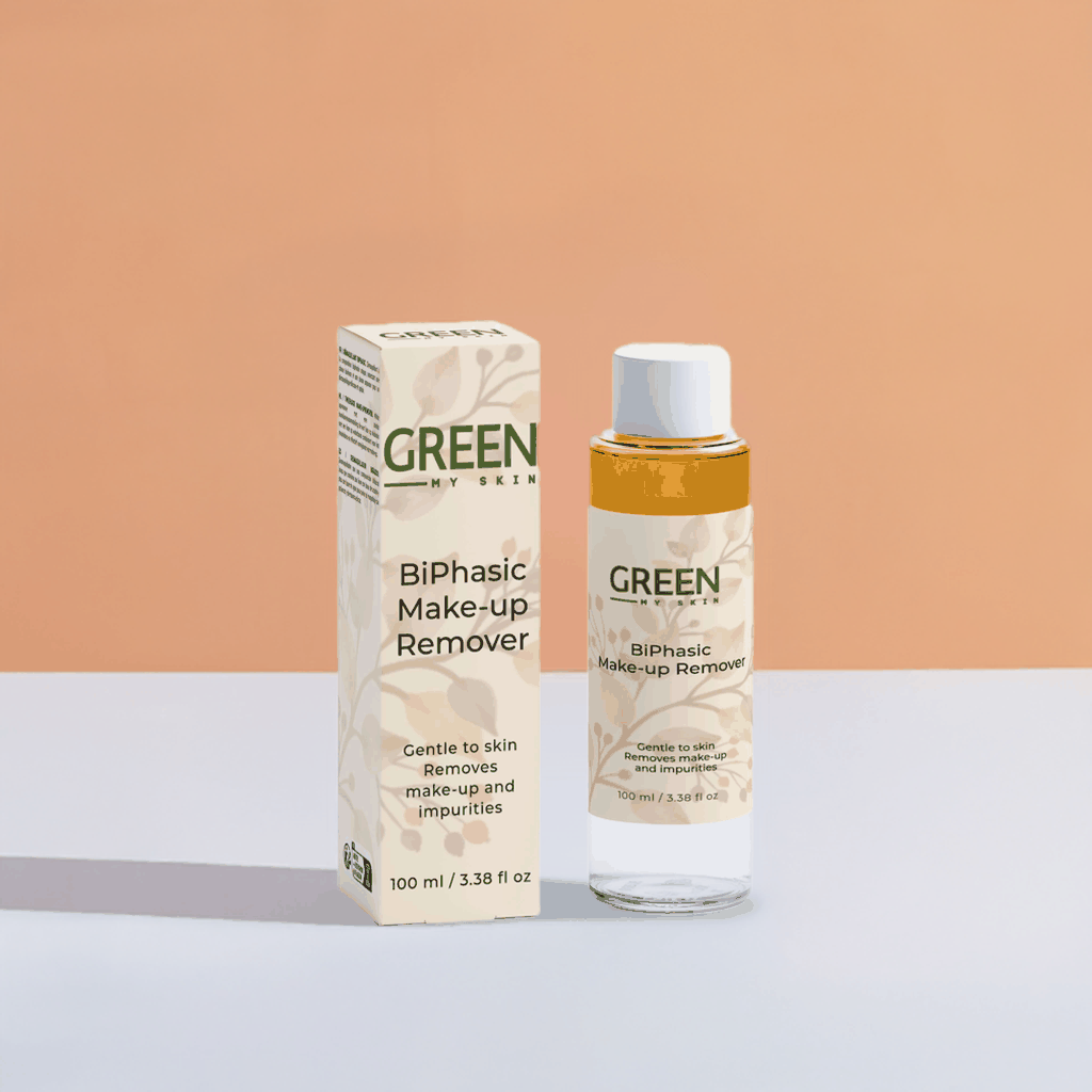 BiPhasic Make-up Remover bottle and box on display for skincare.