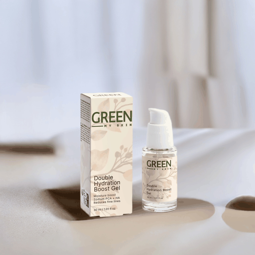 Double Hydration Boost Gel packaging and bottle on soft background.