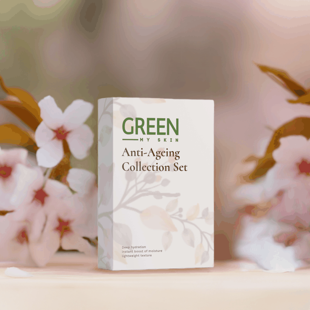 Anti-Ageing Collection Box with Lightweight Moisturizer, sleek packaging with floral accents.