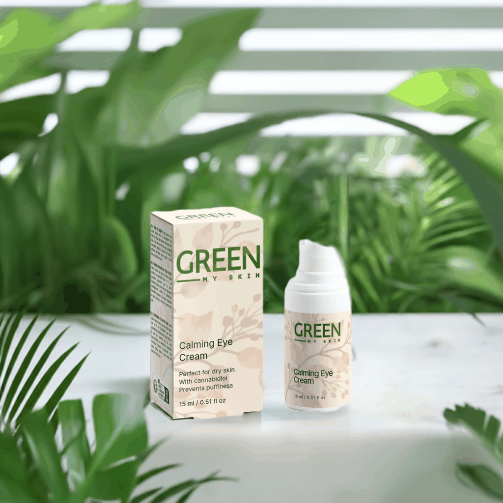 Calming Eye Cream with cannabidiol for soothing dry skin and reducing puffiness.