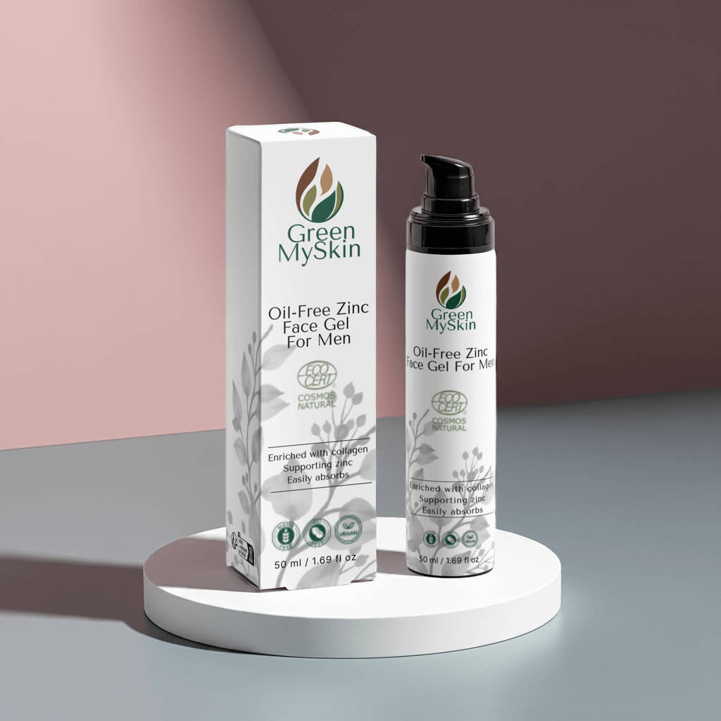Oil-Free Zinc Face Gel for Men with collagen-supporting zinc in sleek pump bottle and packaging.