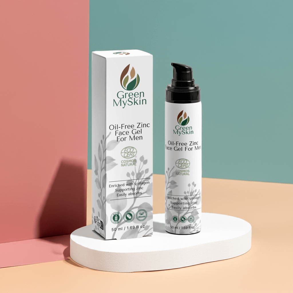 Oil-Free Zinc Face Gel for Men with collagen-supporting zinc in sleek pump bottle and packaging.