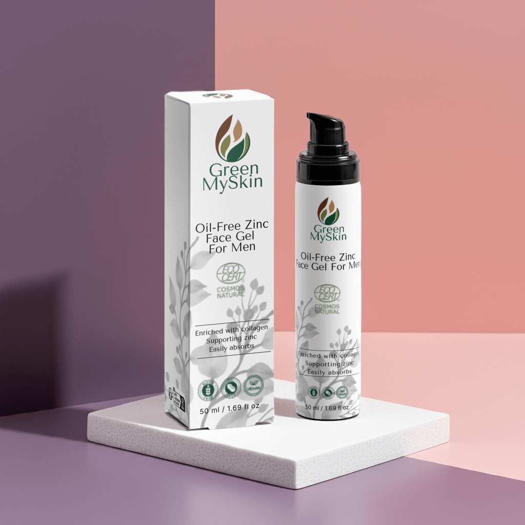 Vegan oil-free zinc face gel for men with organic, cruelty-free ingredients to control oil, hydrate, and protect skin, available at greenmyskin.com