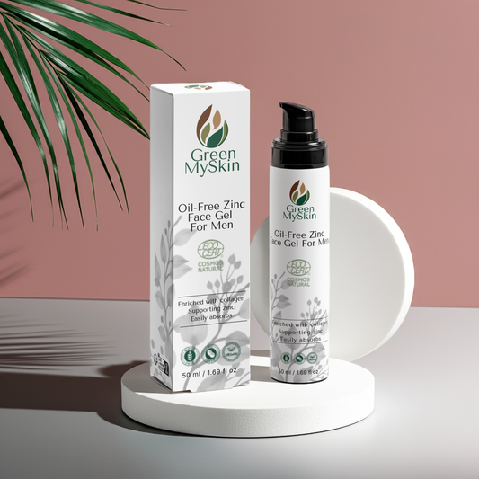 Vegan oil-free zinc face gel for men with organic, cruelty-free ingredients to control oil, hydrate, and protect skin, available at greenmyskin.com
