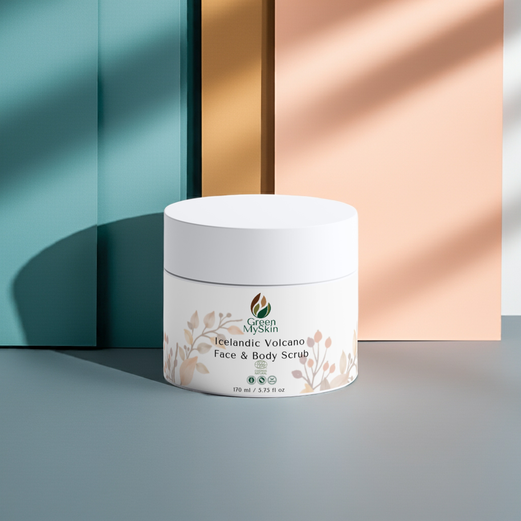 Green My Skin Jar of Icelandic Volcano Face & Body Scrub with branding on a pastel clean colours background