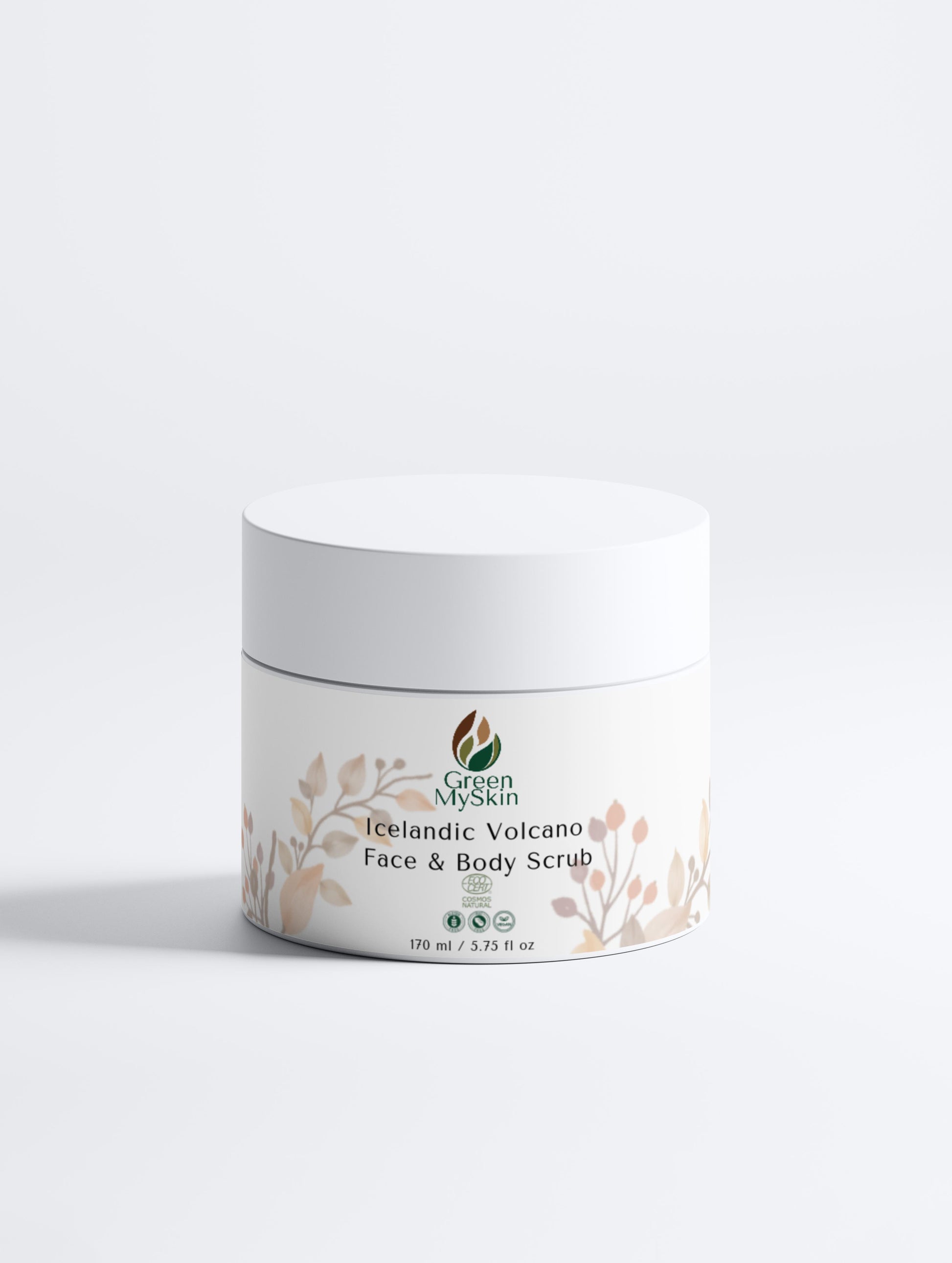 Green My Skin Jar of Icelandic Volcano Face & Body Scrub with branding on a white background